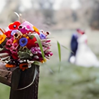 Im Vordergrund des Bildes liegt ein bunter, wilder Brautstrauß auf einem hölzernen Zaun. Der Strauß besteht aus vielen verschiedenen, farbenfrohen Blumen, darunter Sonnenblumen, Kornblumen, Mohn, Gerbera und andere Wiesenblumen in Rot, Lila, Blau, Gelb, Orange und Rosa. Grüne Gräser und Getreideähren ragen locker aus dem Strauß heraus und verleihen ihm eine natürliche, verspielte Optik.   Im unscharfen Hintergrund ist ein Brautpaar zu erkennen. Die Braut trägt ein weißes Kleid, der Bräutigam einen dunklen Anzug. Die beiden stehen in einer grünen Wiese mit Bäumen im Hintergrund, vermutlich in einem Park oder auf dem Land. Die Szene wirkt romantisch und natürlich.